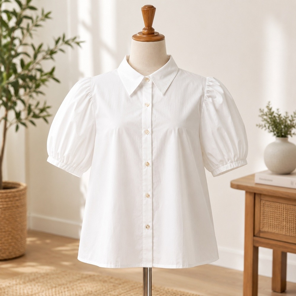 NWT Cupshe Button Up Blouse Womens Medium White Puff Sleeve CAA04D4H009CC